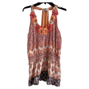 LUV STORI Women's Multi Colored Floral Razorback Long Blouse/Mini Dress-MEDIUM